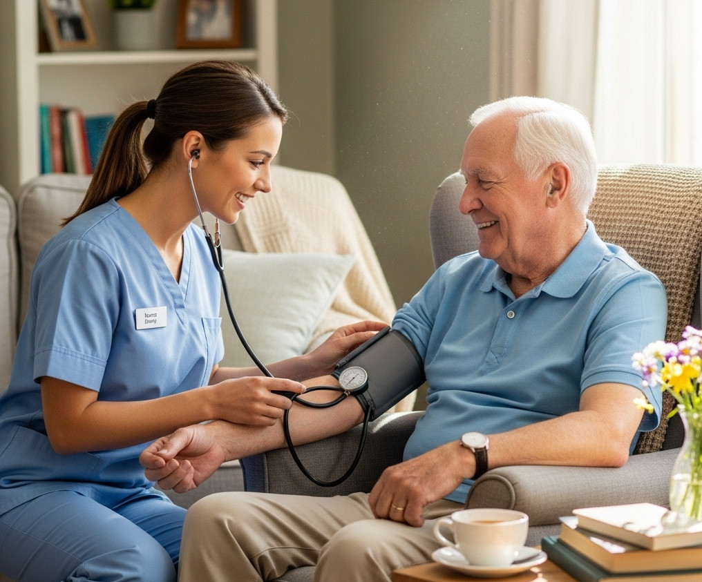 A registered nurse from Professional Home Care Services, Inc. providing in-home skilled nursing care to an elderly client in West Allis, WI