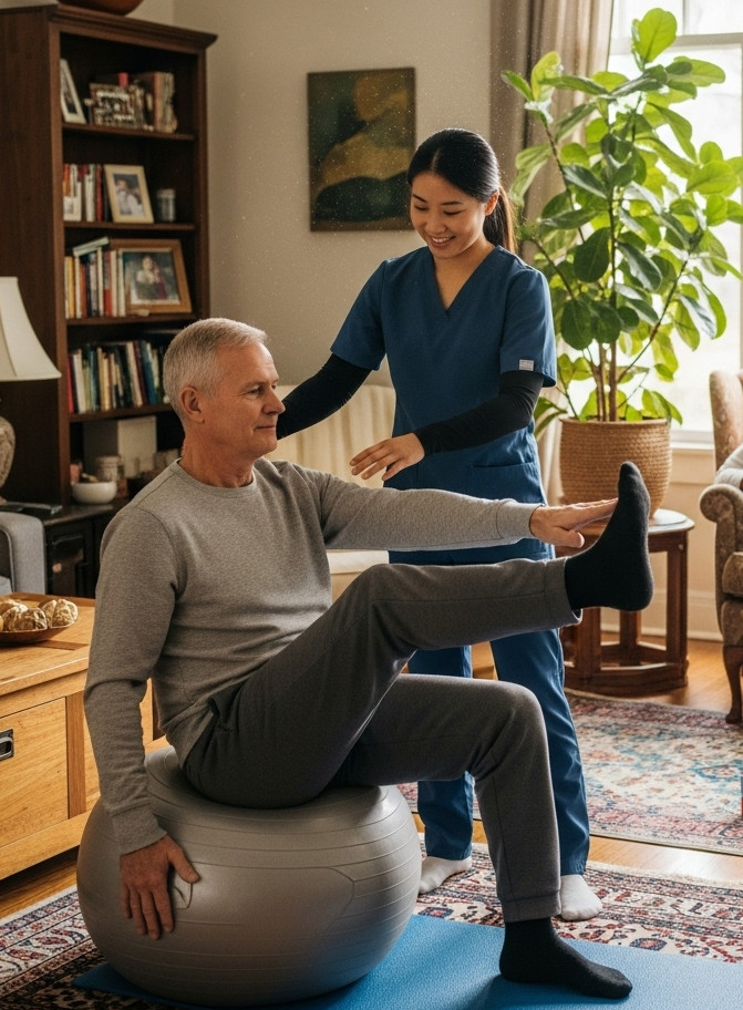 A physical therapist from Professional Home Care Services, Inc. assisting a client with rehabilitative exercises in their Milwaukee home.