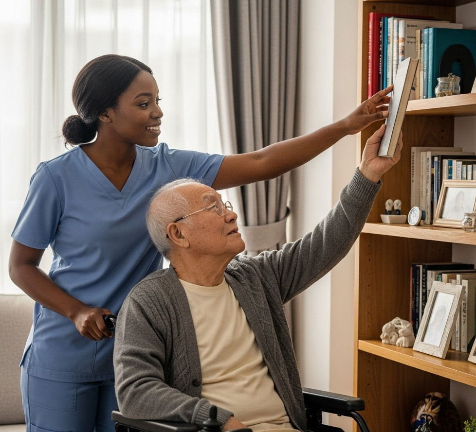 A compassionate personal care worker from Professional Home Care Services, Inc. helping a disabled client with daily activities in Milwaukee, WI.
