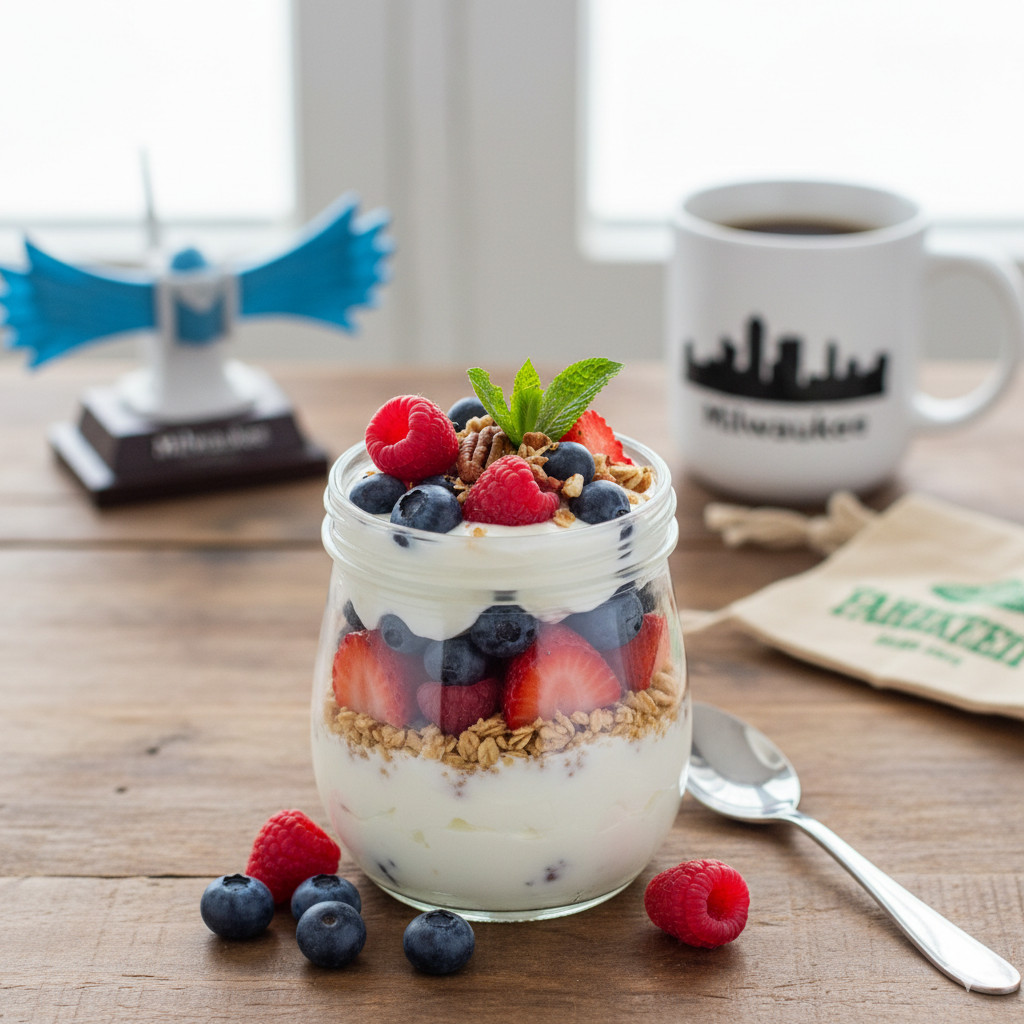 A close-up shot of a healthy berry yogurt parfait in a clear mason jar, with layers of white Greek yogurt, red strawberries, blue blueberries, red raspberries, and golden granola. A white mug with a black Milwaukee skyline silhouette and a small "Milwaukee" airplane model are blurred in the background, suggesting a local, healthy breakfast in West Allis, Wisconsin.