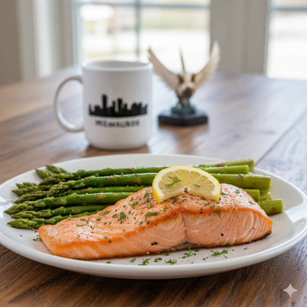 A perfectly cooked salmon fillet with roasted asparagus and a lemon slice, presented on a white plate with a 'Milwaukee' coffee mug and a golden eagle statue in the background, in a sunlit room in West Allis.