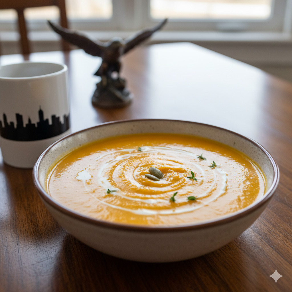 A bowl of rich, creamy butternut squash soup, garnished, with a 'Milwaukee' mug visible in the background, suggesting local dining in Milwaukee.