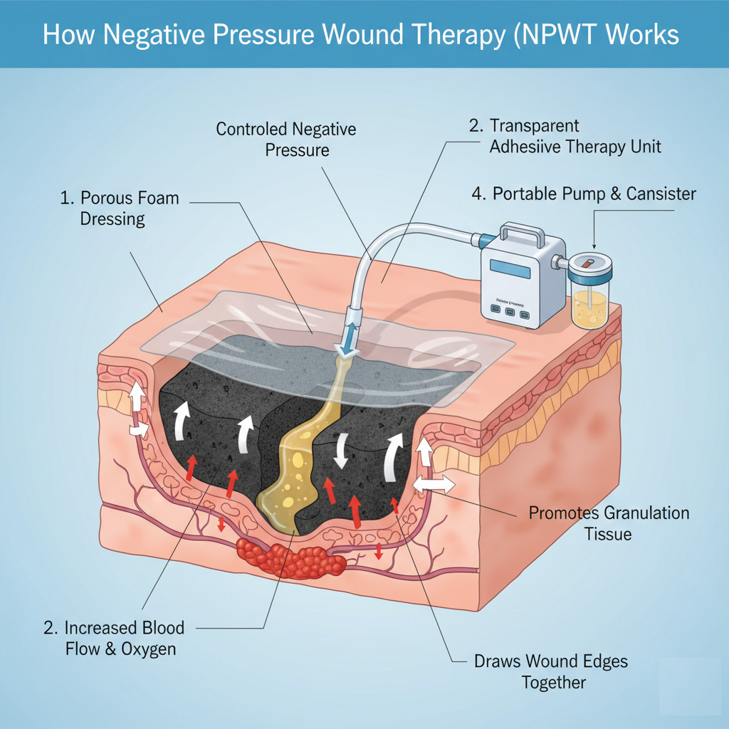 An illustration of the Negative Pressure Wound Therapy (NPWT) system showing a foam dressing, transparent adhesive, and portable pump, with arrows indicating increased blood flow and fluid removal. This image helps Milwaukee residents visualize advanced wound care.