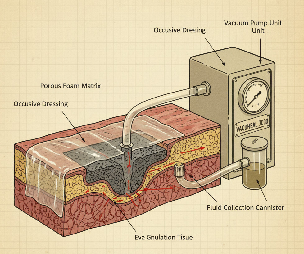 A retro-style illustration depicting an early "Vacuheal 3000" vacuum pump unit connected to a wound with an occlusive dressing and porous foam matrix, demonstrating the historical development of negative pressure wound therapy. This image educates Milwaukee readers on the evolution of NPWT.