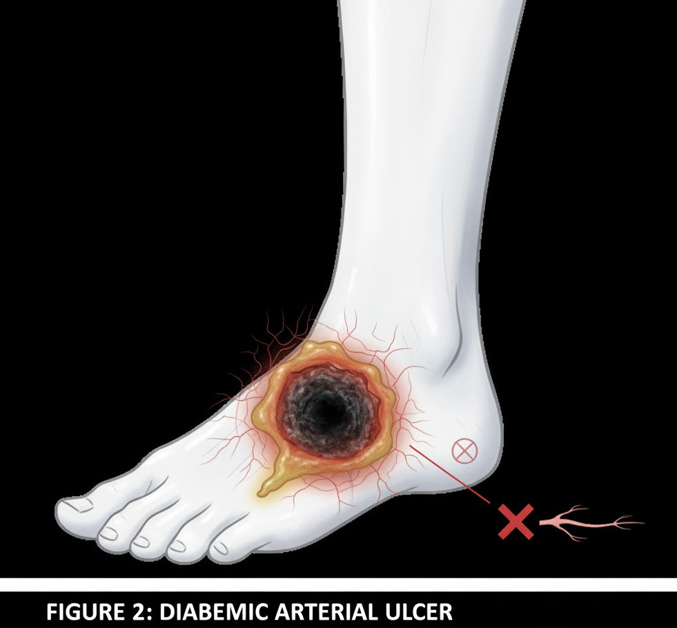 A medical illustration depicting a diabetic ischemic arterial ulcer on a foot, showing signs of severe infection with pus and erythema, highlighting the complex wound care challenges addressed by Milwaukee home health nurses for patients with diabetes and peripheral artery disease.