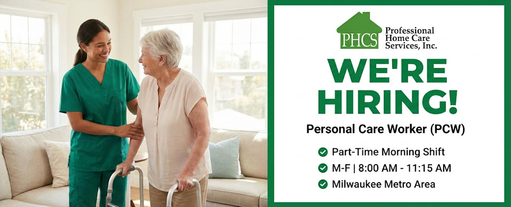 alt="Professional Home Care Services, Inc. (PHCS) hiring graphic for a part-time Personal Care Worker (PCW) morning shift in Milwaukee. The image features a photo of a caregiver in green scrubs assisting an elderly client with a walker, alongside text detailing the M-F 8:00 AM – 11:15 AM schedule."