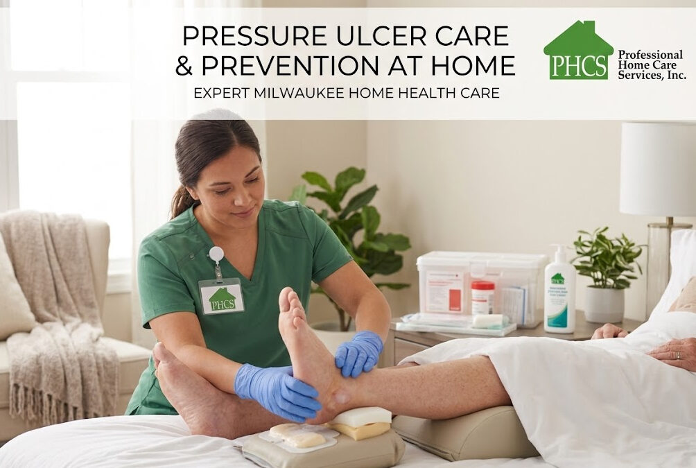 A Professional Home Care Services nurse in green scrubs providing Milwaukee home health care for pressure ulcers by examining a patient's heel.