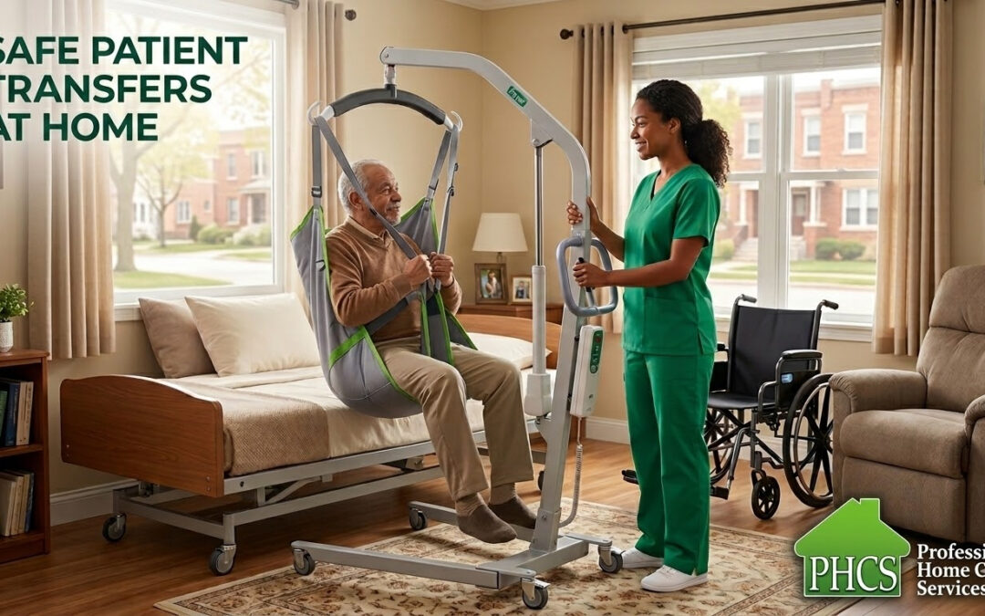 A Professional Home Care Services home health aide safely transferring a patient using a Hoyer lift in a Milwaukee home.