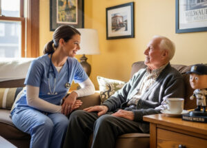 A smiling home health nurse consults with a patient in their Milwaukee home, representing the rewarding home health RN jobs available at Professional Home Care Services, Inc.