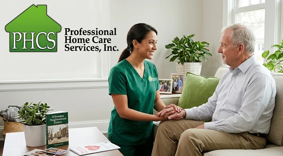 A Professional Home Care Services nurse in green scrubs providing Milwaukee home health care for a patient managing congestive heart failure.