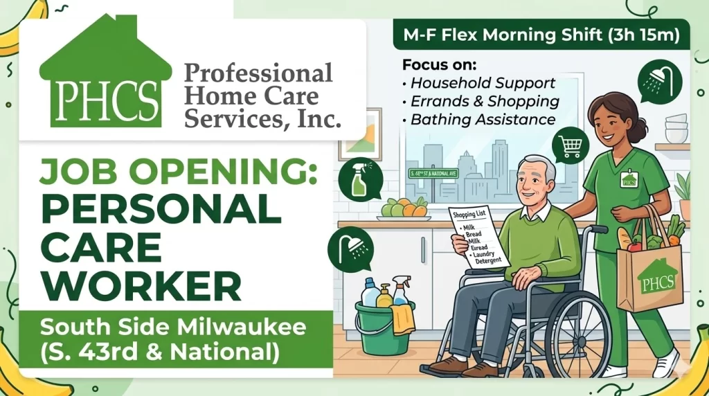 Illustration for a part-time morning Personal Care Worker (PCW) job opening on the South Side of Milwaukee near S. 43rd and National, showing a caregiver assisting a client with groceries.