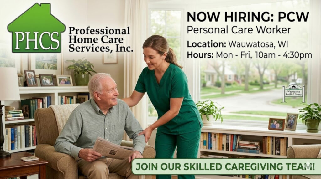 A Professional Home Care Services caregiver in green scrubs assisting an elderly man at home, highlighting daytime Personal Care Worker jobs in Wauwatosa, Wisconsin.