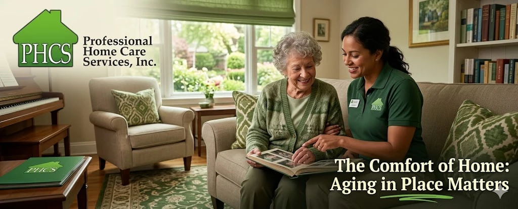 The Professional Home Care Services logo alongside a compassionate caregiver and an older adult looking at a photo album in a cozy living room, illustrating the benefits of aging in place with excellent Milwaukee home health care and personal care services.