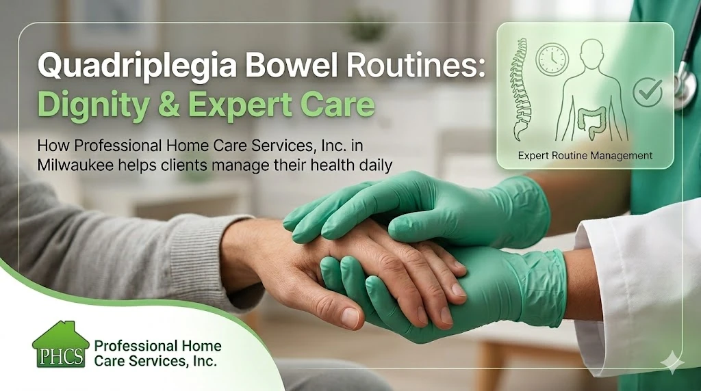 A personal care worker providing compassionate Milwaukee home health care to a client, featuring the Professional Home Care Services, Inc. logo and a diagram for quadriplegia bowel routine management.