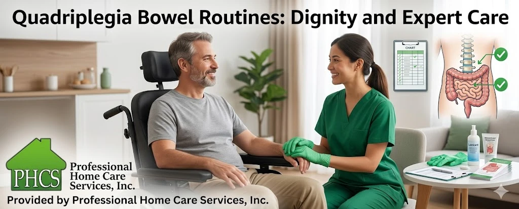A compassionate Milwaukee personal care worker communicating with a quadriplegic client in a wheelchair during a bowel routine, featuring an observation checklist and the Professional Home Care Services, Inc. logo.