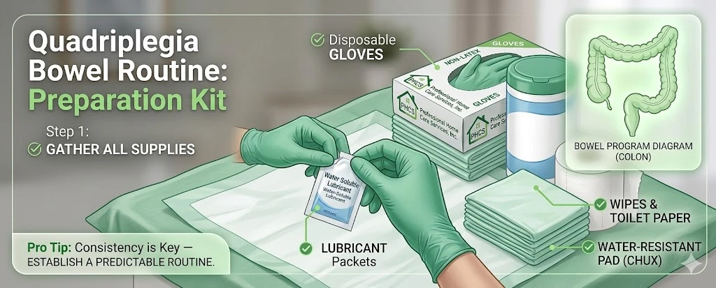 A detailed preparation kit used by a Milwaukee personal care worker for a quadriplegia bowel routine, showing gloves, water-soluble lubricant, wipes, and a colon diagram, provided by Professional Home Care Services, Inc.