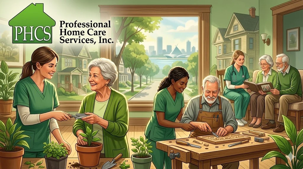 An illustration showing Milwaukee residents maintaining their independence with home health care services. An elderly woman happily gardens alongside a caregiver, a senior man does woodworking assisted by a personal care worker, and an older couple reads together while supported by a home health RN. The Milwaukee skyline and Art Museum are visible through the window.