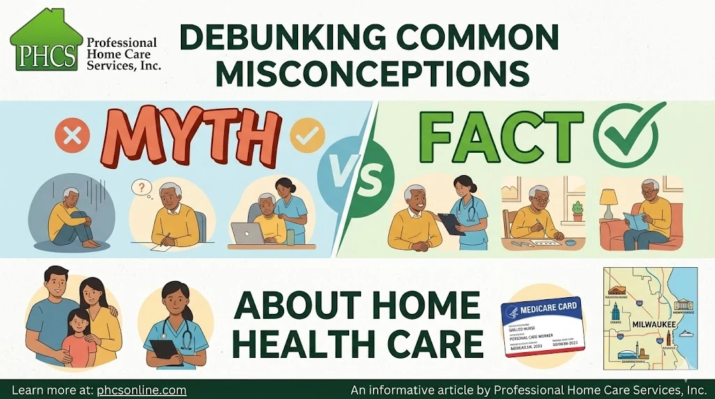 Colorful infographic for an article by Professional Home Care Services, Inc. about Milwaukee home health care misconceptions, showing a nurse and happy individuals at home.