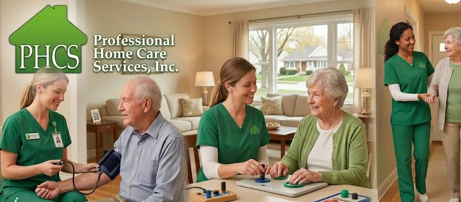 Caregivers from Professional Home Care Services providing skilled nursing, rehabilitative therapy, and personal assistance to seniors in a Milwaukee home.