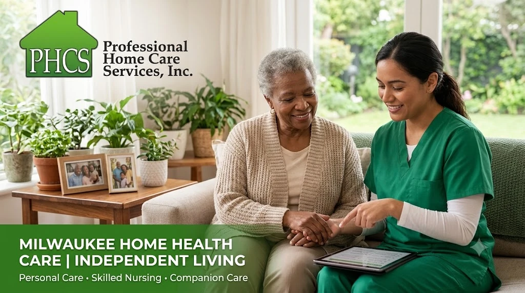 A caregiver from Professional Home Care Services, Inc. reviewing a care plan with an older adult in their Milwaukee home.