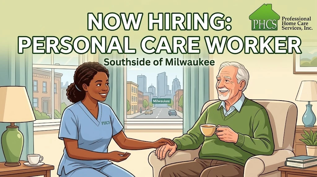 A personal care worker from Professional Home Care Services smiling and comforting an elderly man in a Southside Milwaukee home.