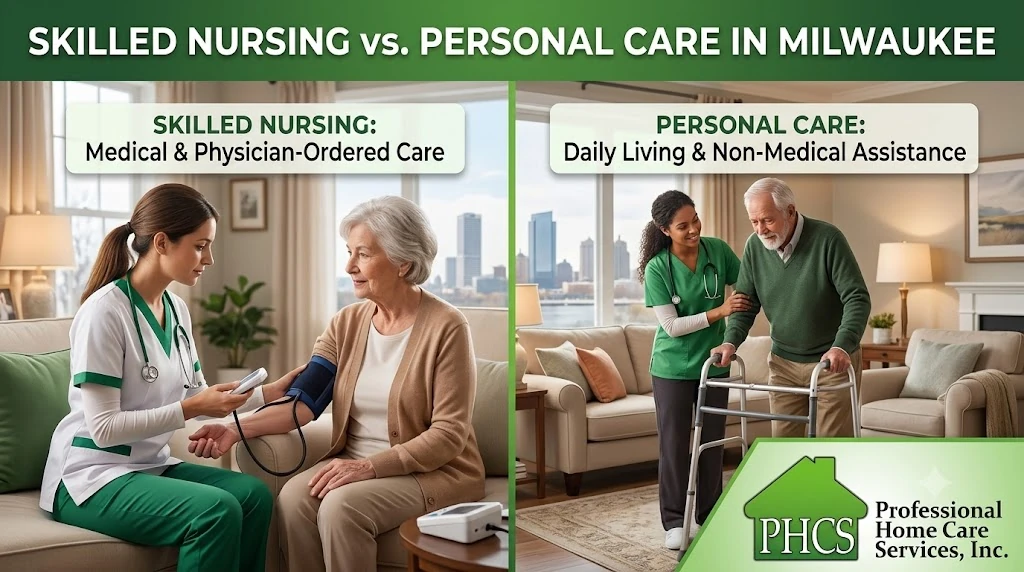 A side-by-side comparison showing a skilled nurse checking a patient's blood pressure and a personal caregiver assisting a senior with a walker, representing home health care options in Milwaukee.