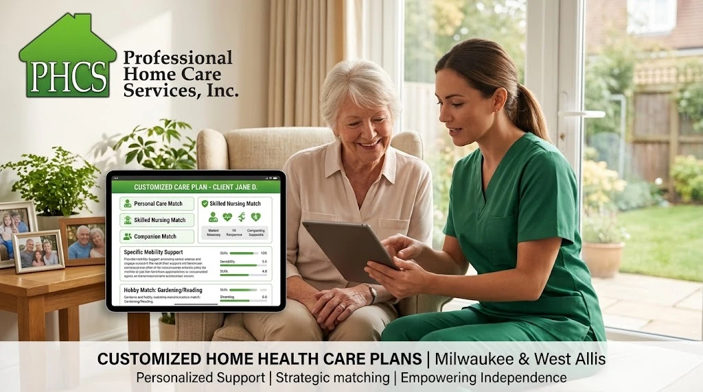 A Professional Home Care Services caregiver and an older adult client sitting together in a Milwaukee home, reviewing a customized care plan and caregiver match on a tablet.