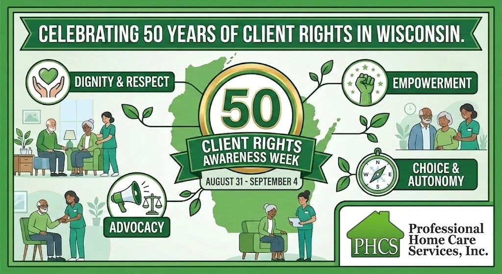 An infographic celebrating 50 years of Client Rights in Wisconsin, featuring older adults and caregivers from Professional Home Care Services focusing on dignity, respect, and advocacy in Milwaukee.