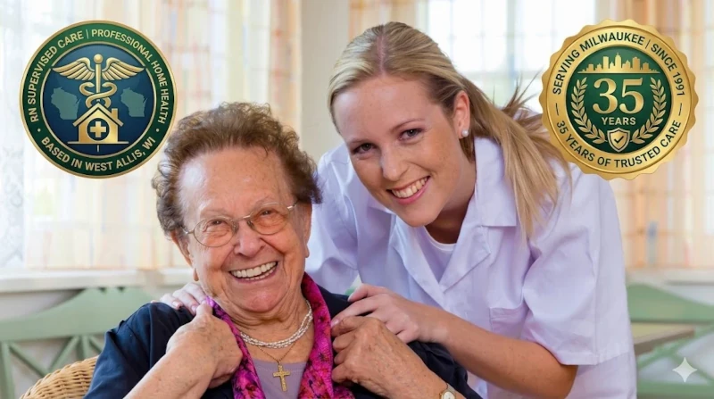 Smiling senior woman and a professional caregiver from Professional Home Care Services, providing RN-supervised in-home care in Milwaukee and West Allis, WI.