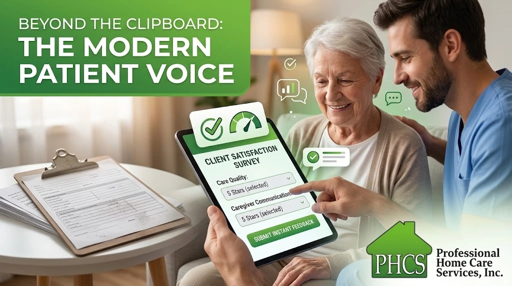 An older woman and a caregiver looking at a digital client satisfaction survey on a tablet, representing modern Milwaukee home health care communication.