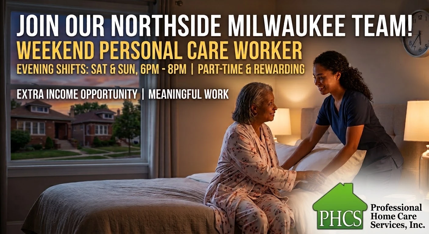 A smiling female personal care worker assists an elderly woman in her bedroom setting at dusk. Text overlay recruits PCWs for weekend evening shifts.