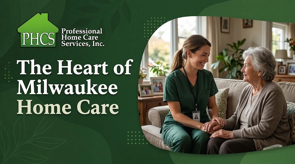 A Milwaukee home health care professional in green scrubs smiling warmly and holding hands with an older adult woman sitting on a living room sofa.