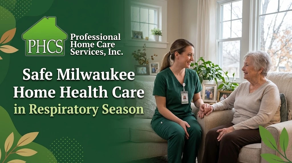 A Professional Home Care Services caregiver in green scrubs smiling while sitting and talking with an older adult woman in her comfortable Milwaukee home.