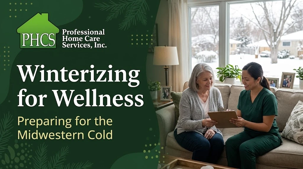 A Milwaukee home health care professional in green scrubs reviewing a winter safety checklist on a clipboard with a smiling older adult woman on a living room sofa.